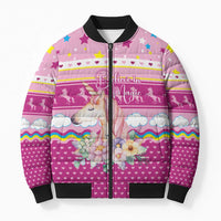 Unicorn Believe In Magic Christmas Bomber Puffer Jacket with Believe in Magic Quote Pink Hearts Stars and Rainbow - Wonder Print Shop
