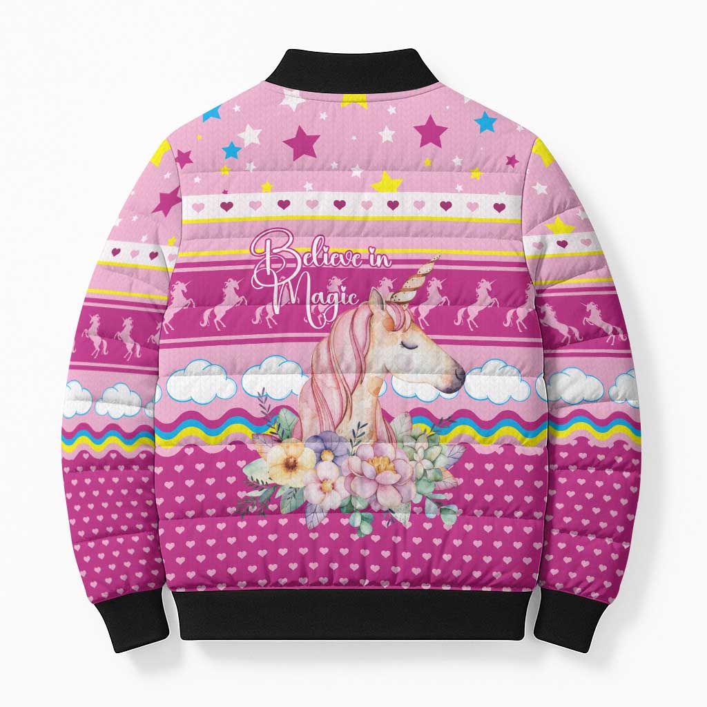 Unicorn Believe In Magic Christmas Bomber Puffer Jacket with Believe in Magic Quote Pink Hearts Stars and Rainbow - Wonder Print Shop