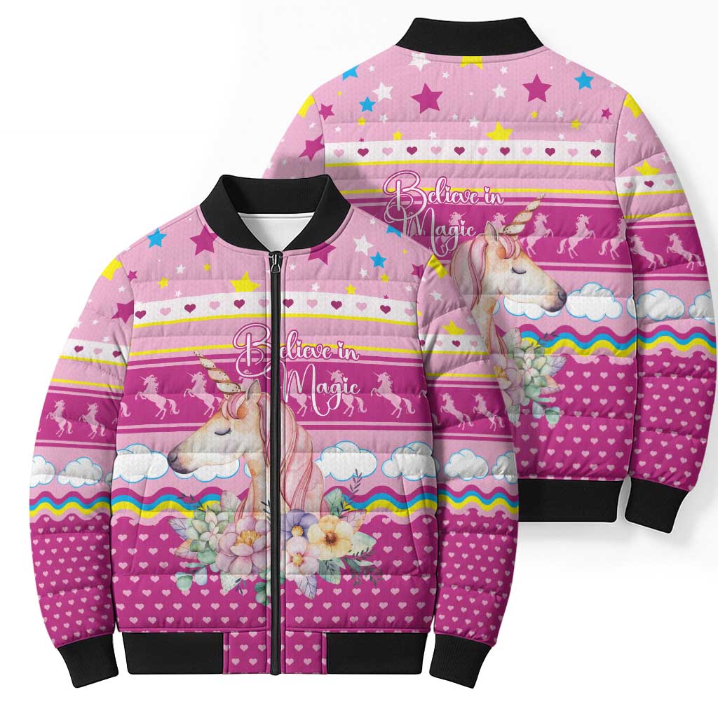 Unicorn Believe In Magic Christmas Bomber Puffer Jacket with Believe in Magic Quote Pink Hearts Stars and Rainbow - Wonder Print Shop