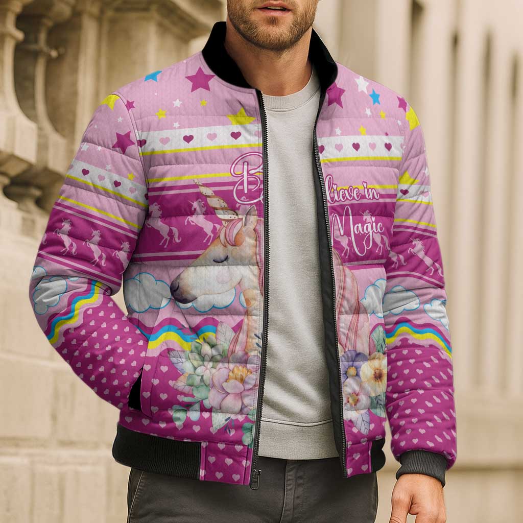 Unicorn Believe In Magic Christmas Bomber Puffer Jacket with Believe in Magic Quote Pink Hearts Stars and Rainbow - Wonder Print Shop