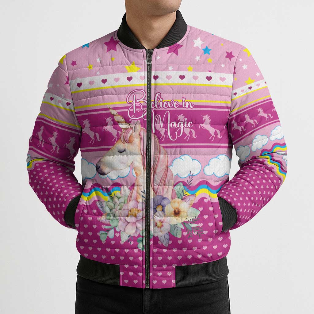 Unicorn Believe In Magic Christmas Bomber Puffer Jacket with Believe in Magic Quote Pink Hearts Stars and Rainbow - Wonder Print Shop