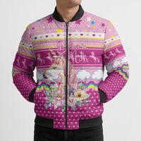 Unicorn Believe In Magic Christmas Bomber Puffer Jacket with Believe in Magic Quote Pink Hearts Stars and Rainbow - Wonder Print Shop