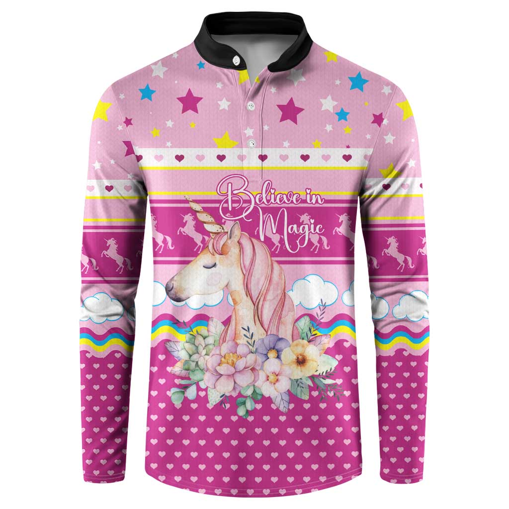 Unicorn Believe In Magic Christmas Button Sweatshirt with Believe in Magic Quote Pink Hearts Stars and Rainbow - Wonder Print Shop