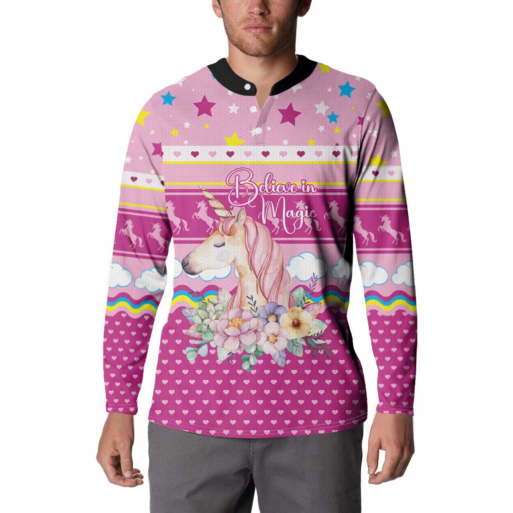 Unicorn Believe In Magic Christmas Button Sweatshirt with Believe in Magic Quote Pink Hearts Stars and Rainbow - Wonder Print Shop