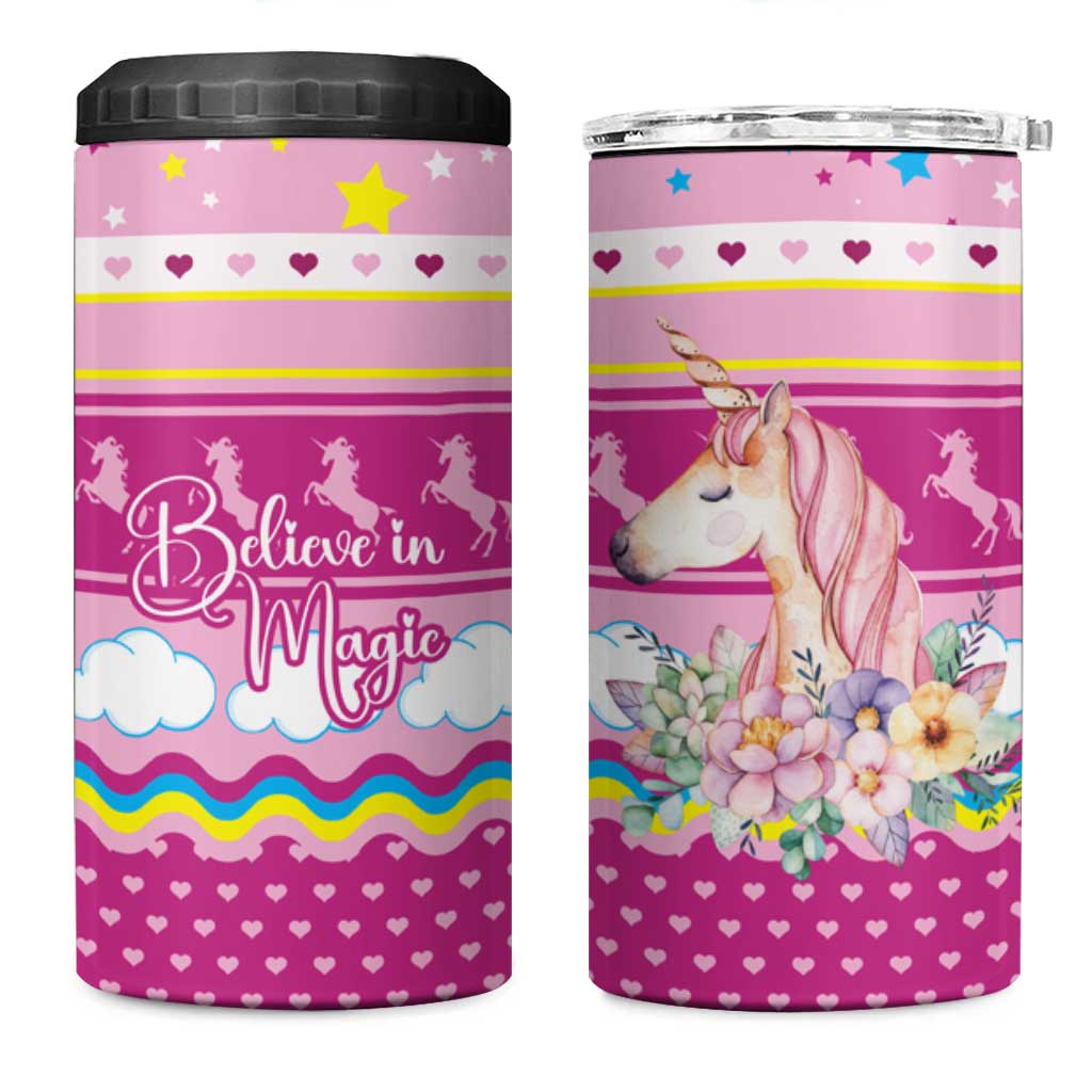 Unicorn Believe In Magic Christmas 4 in 1 Can Cooler Tumbler with Believe in Magic Quote Pink Hearts Stars and Rainbow - Wonder Print Shop