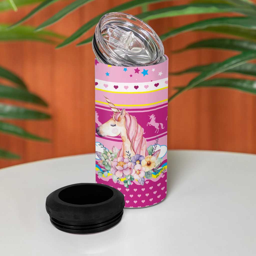 Unicorn Believe In Magic Christmas 4 in 1 Can Cooler Tumbler with Believe in Magic Quote Pink Hearts Stars and Rainbow - Wonder Print Shop