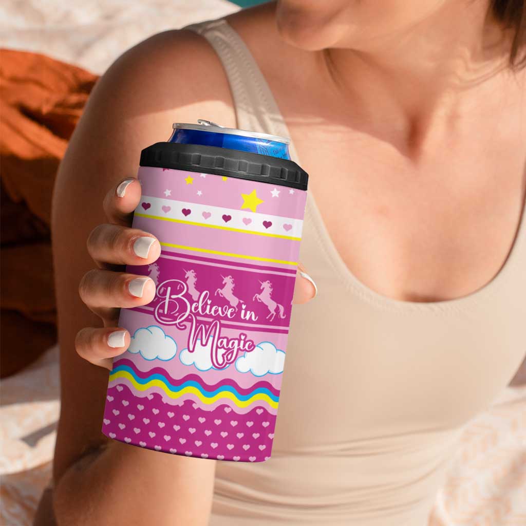 Unicorn Believe In Magic Christmas 4 in 1 Can Cooler Tumbler with Believe in Magic Quote Pink Hearts Stars and Rainbow - Wonder Print Shop