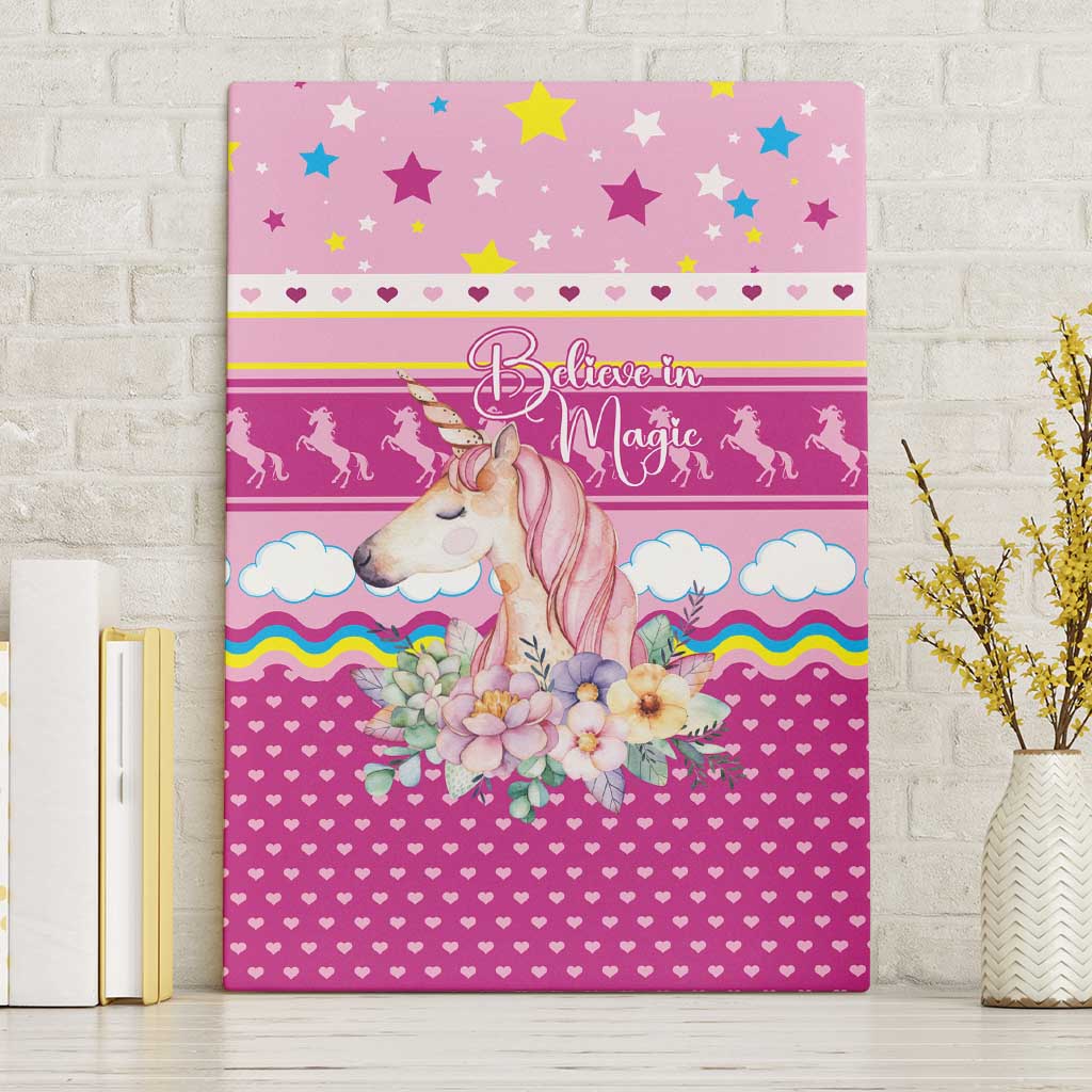 Unicorn Believe In Magic Christmas Canvas Wall Art with Believe in Magic Quote Pink Hearts Stars and Rainbow - Wonder Print Shop