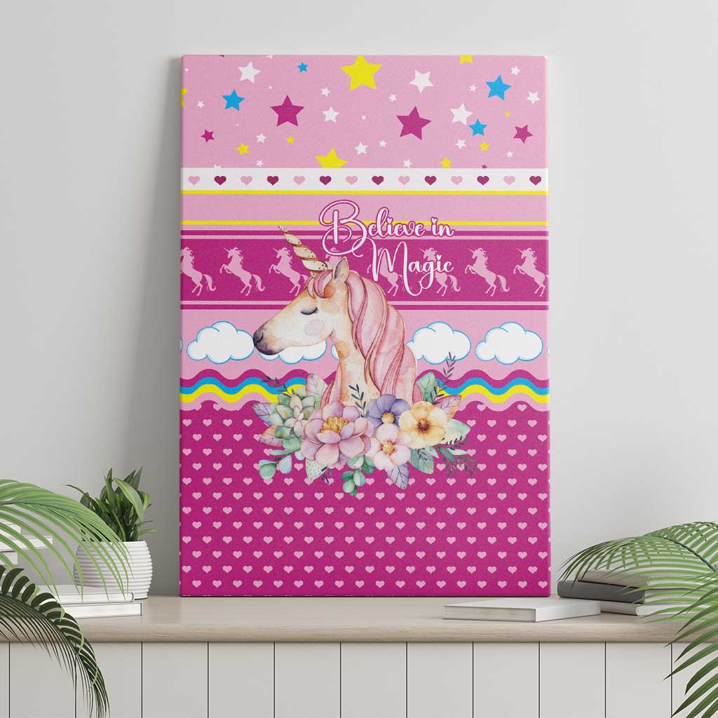 Unicorn Believe In Magic Christmas Canvas Wall Art with Believe in Magic Quote Pink Hearts Stars and Rainbow - Wonder Print Shop