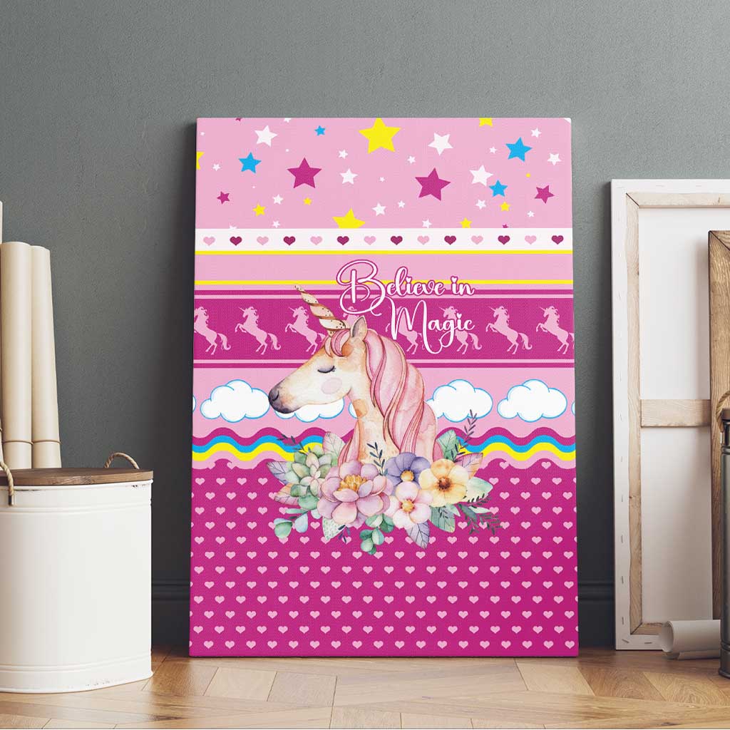 Unicorn Believe In Magic Christmas Canvas Wall Art with Believe in Magic Quote Pink Hearts Stars and Rainbow - Wonder Print Shop