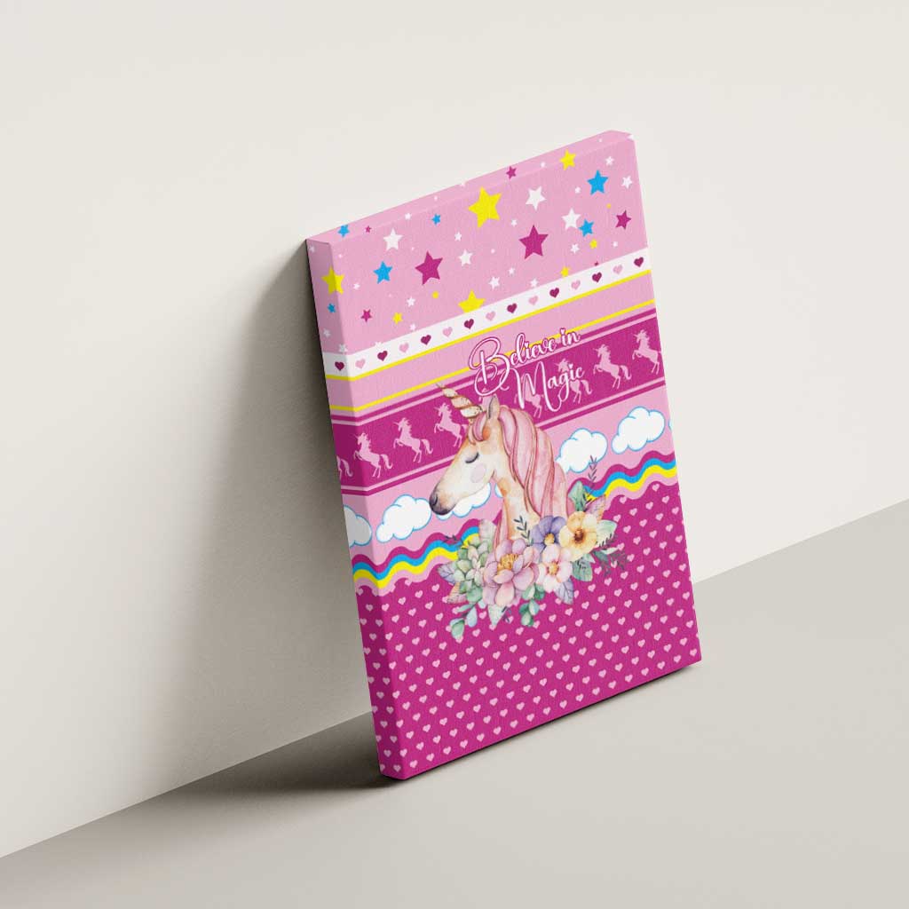 Unicorn Believe In Magic Christmas Canvas Wall Art with Believe in Magic Quote Pink Hearts Stars and Rainbow - Wonder Print Shop