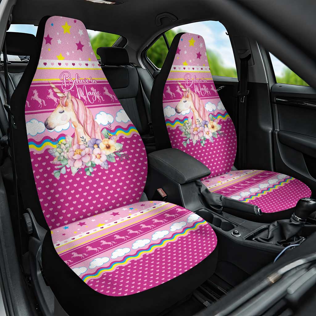 Unicorn Believe In Magic Christmas Car Seat Cover with Believe in Magic Quote Pink Hearts Stars and Rainbow - Wonder Print Shop