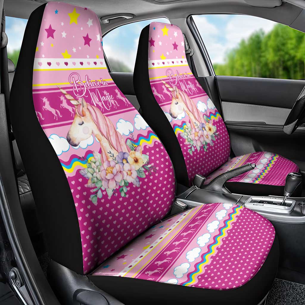 Unicorn Believe In Magic Christmas Car Seat Cover with Believe in Magic Quote Pink Hearts Stars and Rainbow - Wonder Print Shop
