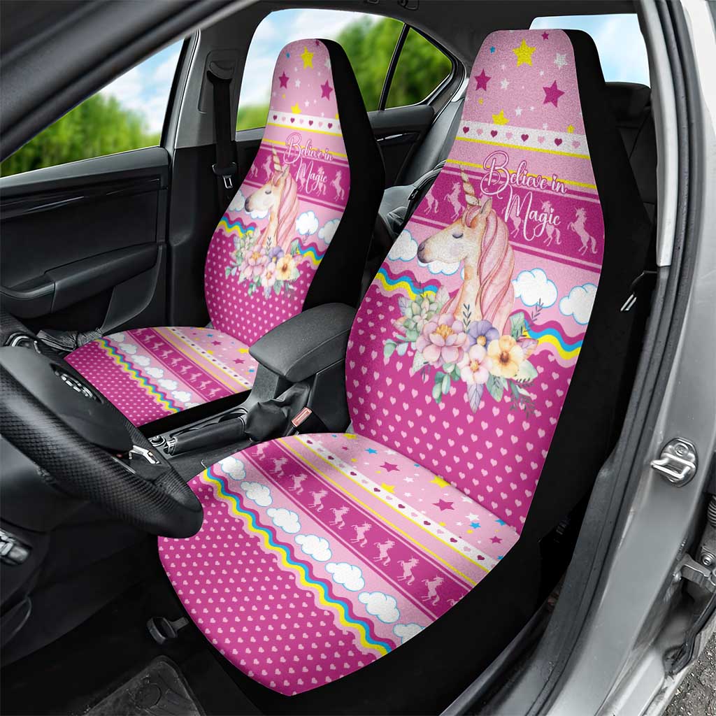 Unicorn Believe In Magic Christmas Car Seat Cover with Believe in Magic Quote Pink Hearts Stars and Rainbow - Wonder Print Shop