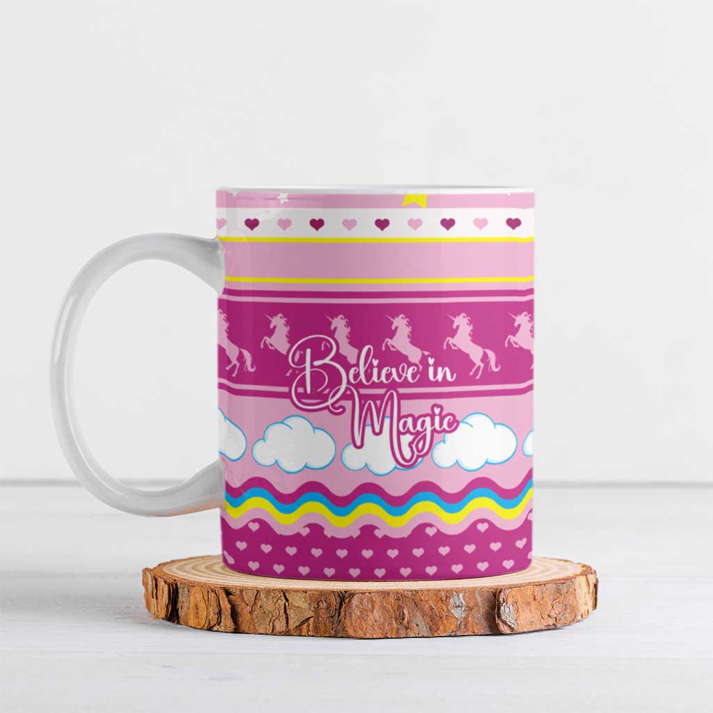 Unicorn Believe In Magic Christmas Ceramic Mug with Believe in Magic Quote Pink Hearts Stars and Rainbow - Wonder Print Shop