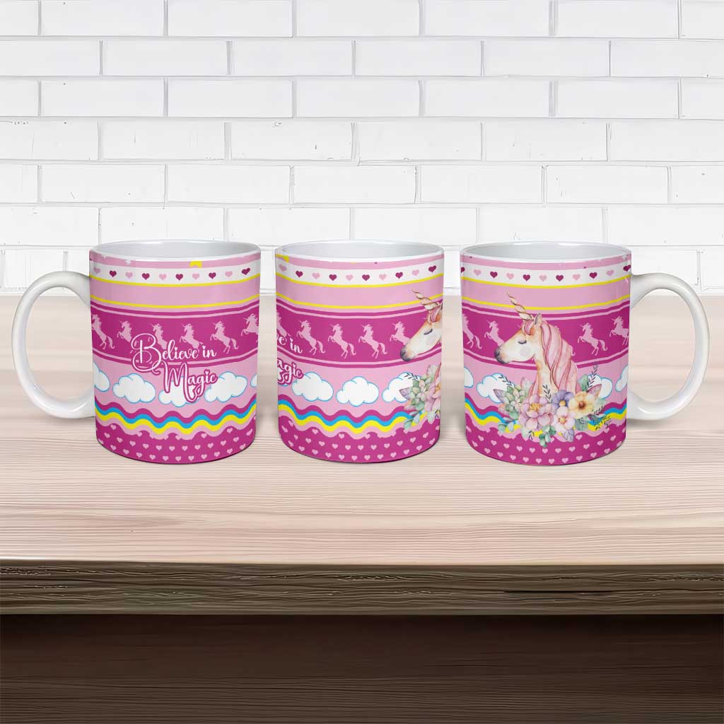 Unicorn Believe In Magic Christmas Ceramic Mug with Believe in Magic Quote Pink Hearts Stars and Rainbow - Wonder Print Shop