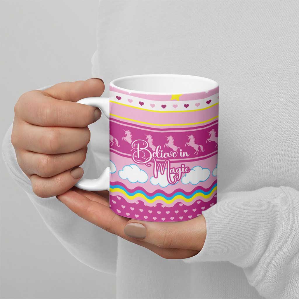 Unicorn Believe In Magic Christmas Ceramic Mug with Believe in Magic Quote Pink Hearts Stars and Rainbow - Wonder Print Shop