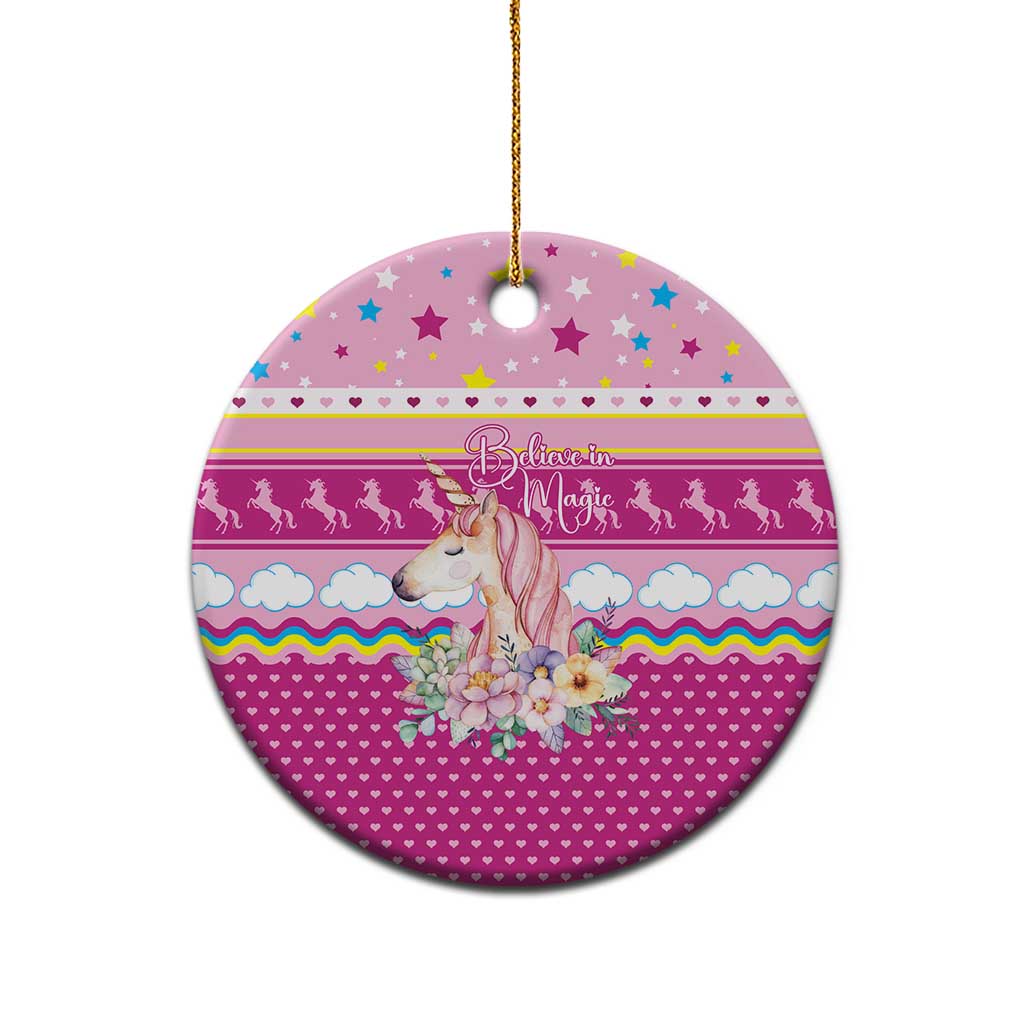 Unicorn Believe In Magic Christmas Ceramic Ornament with Believe in Magic Quote Pink Hearts Stars and Rainbow - Wonder Print Shop