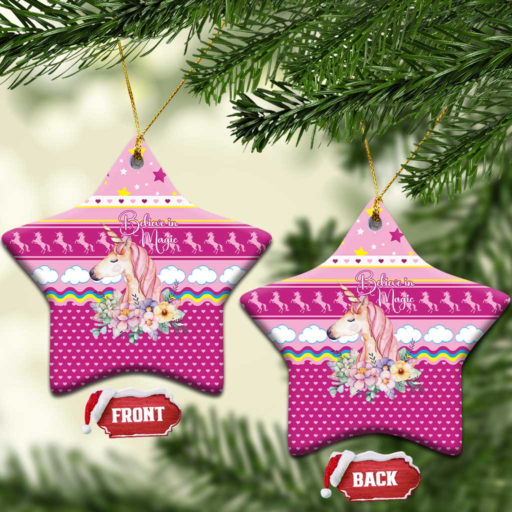 Unicorn Believe In Magic Christmas Ceramic Ornament with Believe in Magic Quote Pink Hearts Stars and Rainbow - Wonder Print Shop