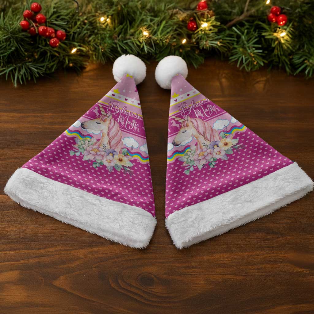 Unicorn Believe In Magic Christmas Santa Hat with Believe in Magic Quote Pink Hearts Stars and Rainbow - Wonder Print Shop