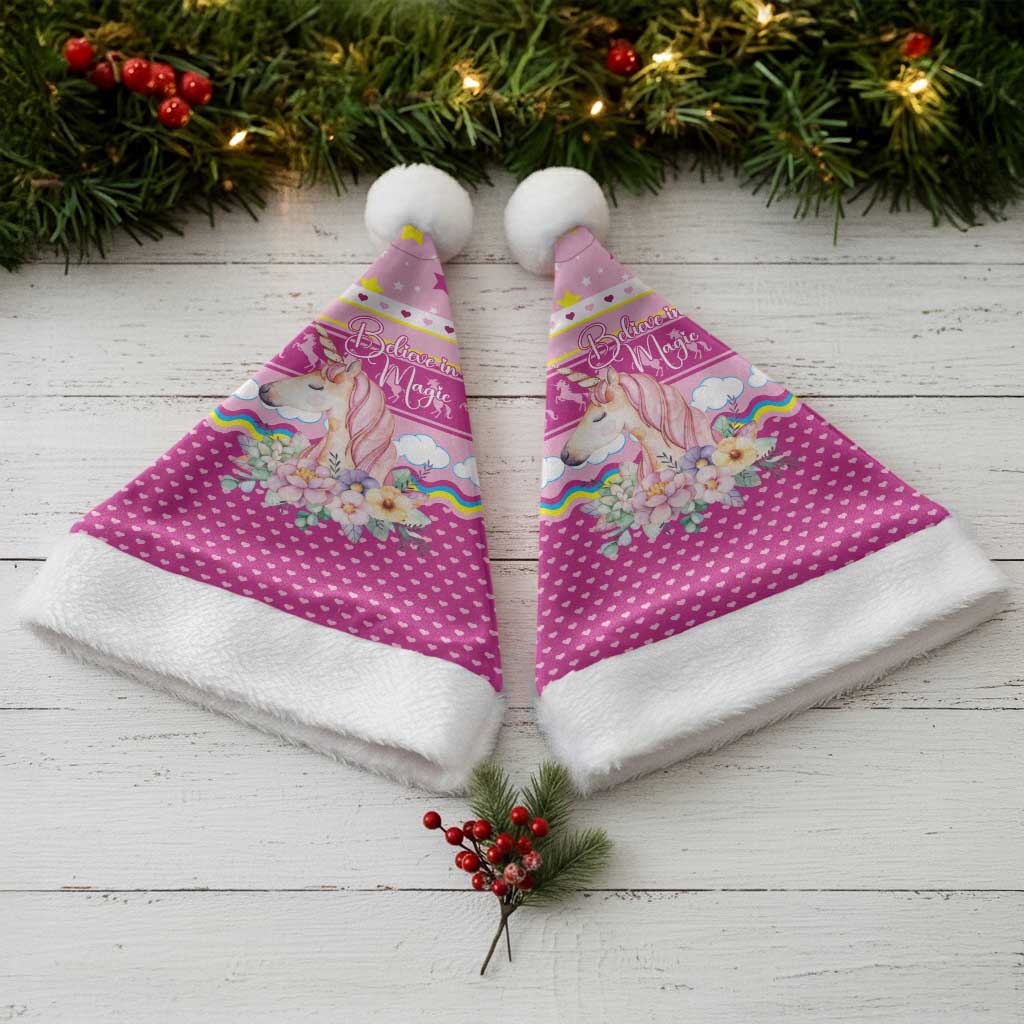 Unicorn Believe In Magic Christmas Santa Hat with Believe in Magic Quote Pink Hearts Stars and Rainbow - Wonder Print Shop