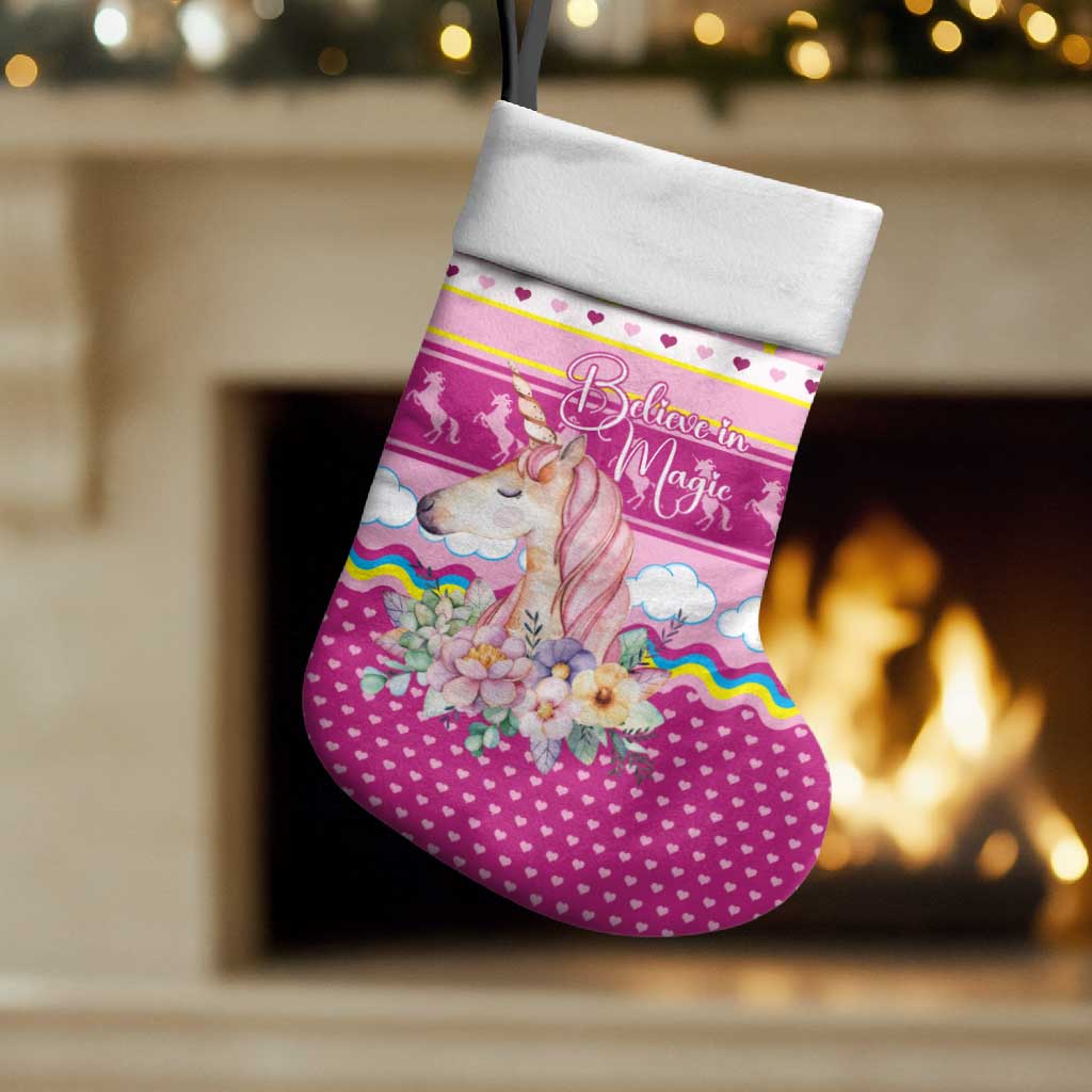 Unicorn Believe In Magic Christmas Stocking with Believe in Magic Quote Pink Hearts Stars and Rainbow - Wonder Print Shop