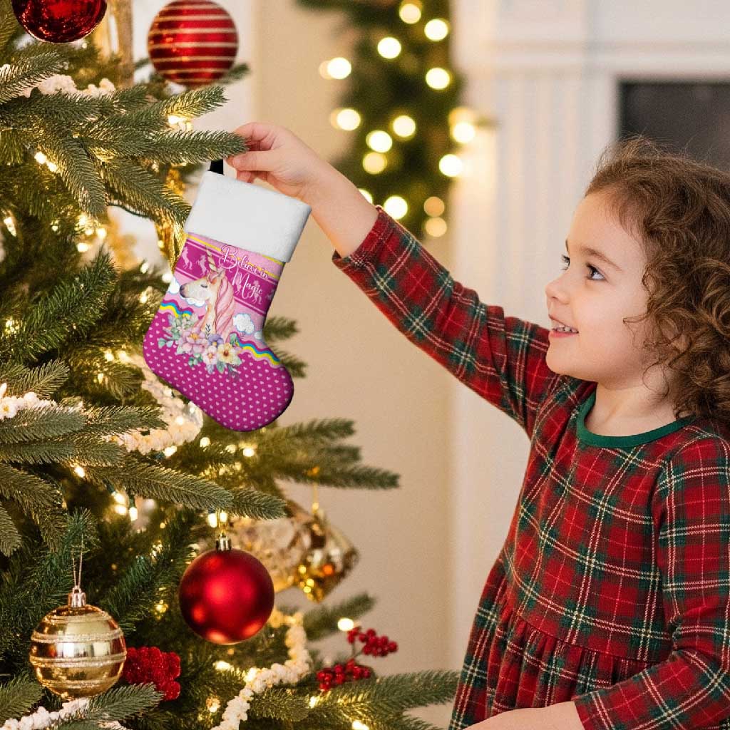Unicorn Believe In Magic Christmas Stocking with Believe in Magic Quote Pink Hearts Stars and Rainbow - Wonder Print Shop