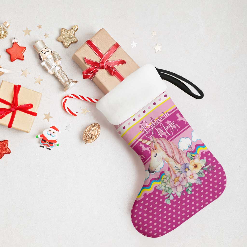 Unicorn Believe In Magic Christmas Stocking with Believe in Magic Quote Pink Hearts Stars and Rainbow - Wonder Print Shop