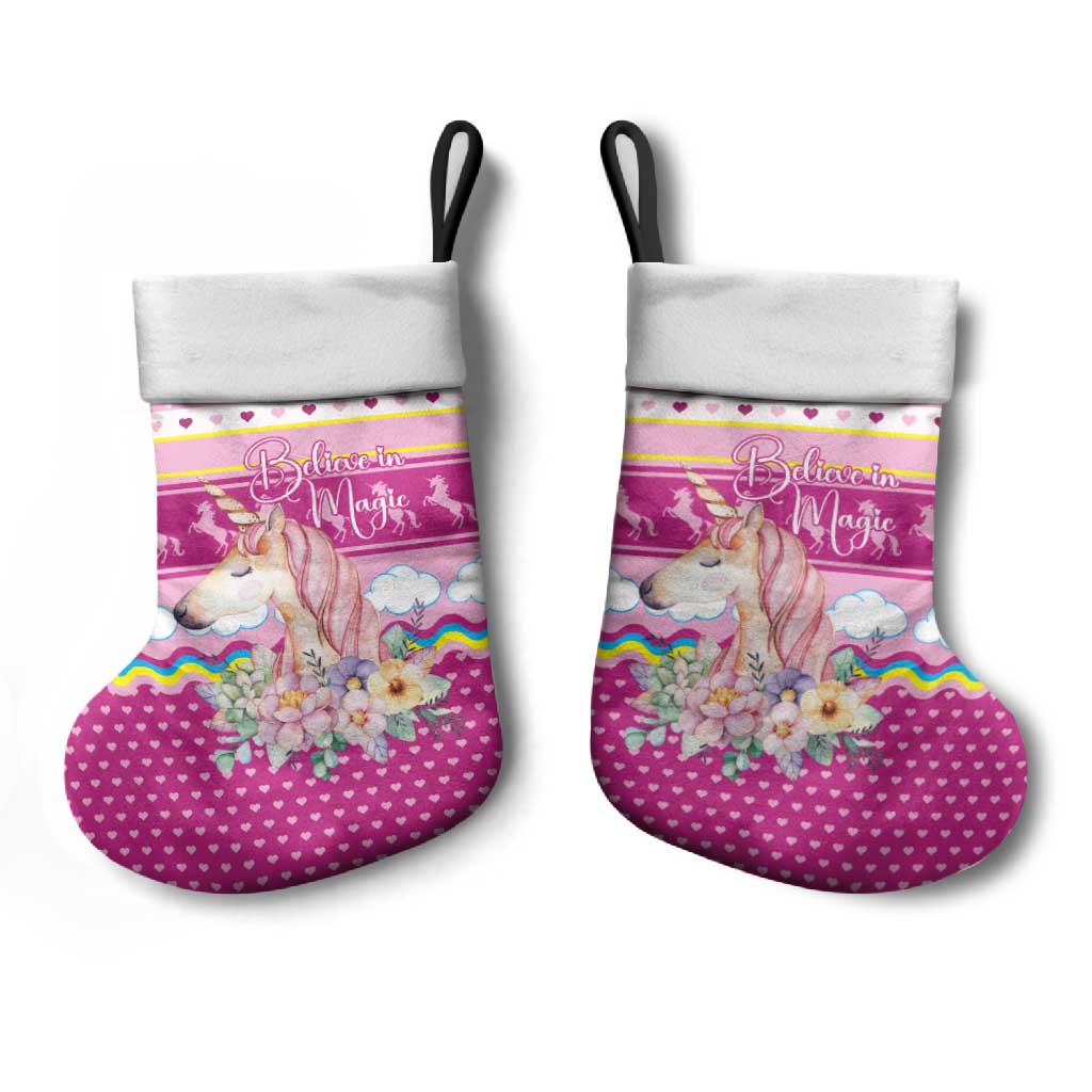 Unicorn Believe In Magic Christmas Stocking with Believe in Magic Quote Pink Hearts Stars and Rainbow - Wonder Print Shop