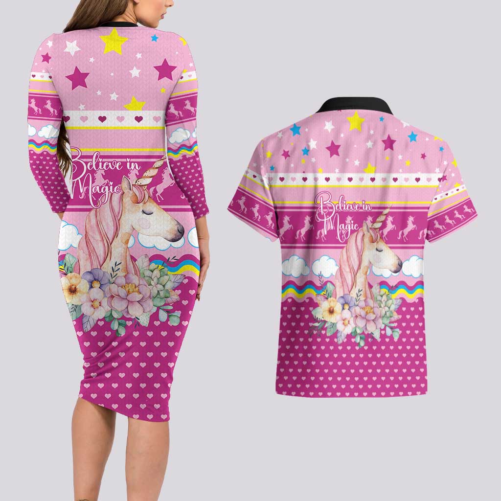 Unicorn Believe In Magic Christmas Couples Matching Long Sleeve Bodycon Dress and Hawaiian Shirt with Believe in Magic Quote Pink Hearts Stars and Rainbow - Wonder Print Shop
