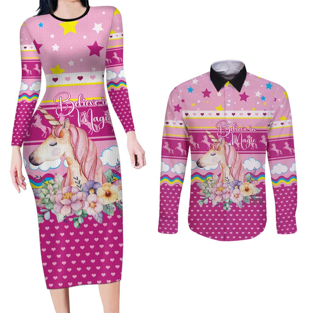 Unicorn Believe In Magic Christmas Couples Matching Long Sleeve Bodycon Dress and Long Sleeve Button Shirt with Believe in Magic Quote Pink Hearts Stars and Rainbow - Wonder Print Shop