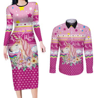 Unicorn Believe In Magic Christmas Couples Matching Long Sleeve Bodycon Dress and Long Sleeve Button Shirt with Believe in Magic Quote Pink Hearts Stars and Rainbow - Wonder Print Shop