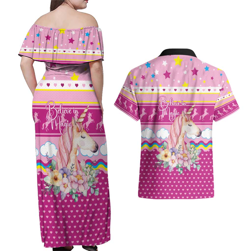 Unicorn Believe In Magic Christmas Couples Matching Off Shoulder Maxi Dress and Hawaiian Shirt with Believe in Magic Quote Pink Hearts Stars and Rainbow - Wonder Print Shop