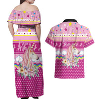 Unicorn Believe In Magic Christmas Couples Matching Off Shoulder Maxi Dress and Hawaiian Shirt with Believe in Magic Quote Pink Hearts Stars and Rainbow - Wonder Print Shop