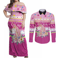 Unicorn Believe In Magic Christmas Couples Matching Off Shoulder Maxi Dress and Long Sleeve Button Shirt with Believe in Magic Quote Pink Hearts Stars and Rainbow - Wonder Print Shop