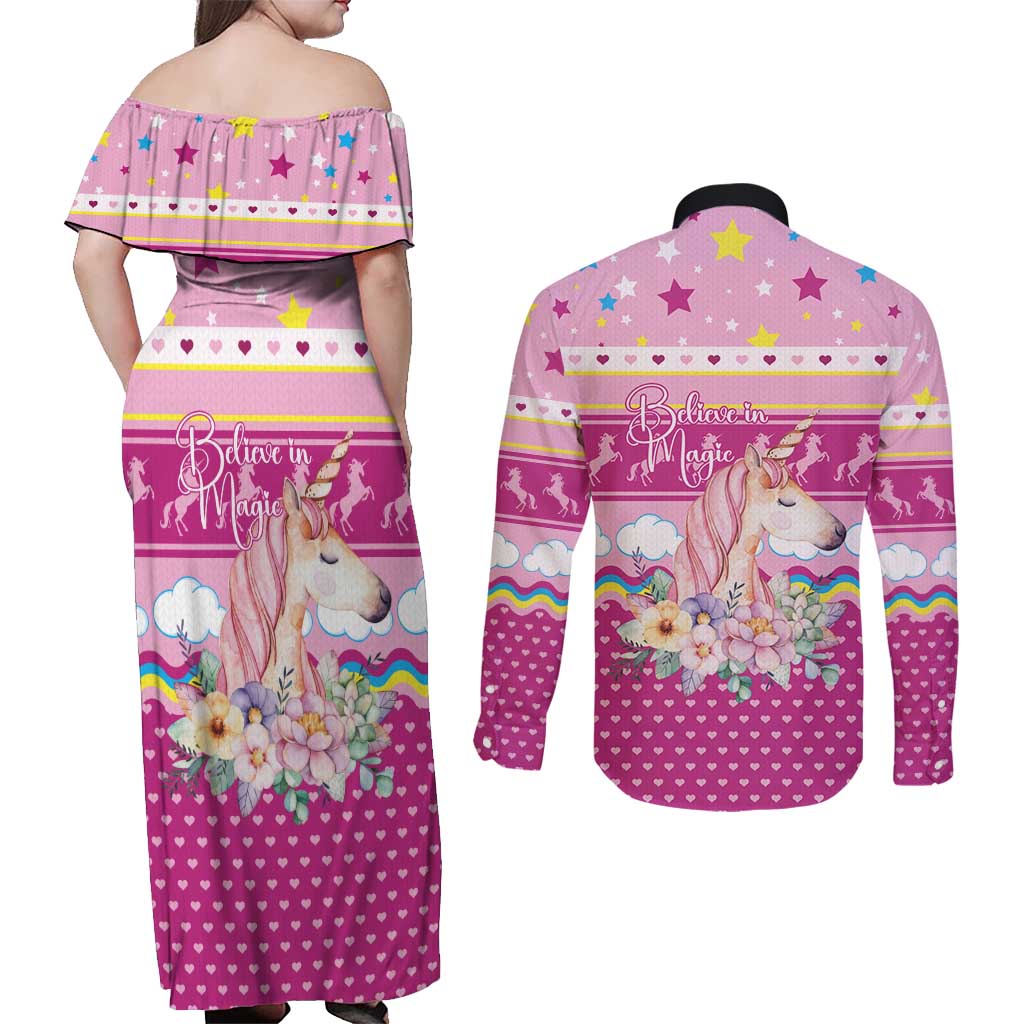 Unicorn Believe In Magic Christmas Couples Matching Off Shoulder Maxi Dress and Long Sleeve Button Shirt with Believe in Magic Quote Pink Hearts Stars and Rainbow - Wonder Print Shop