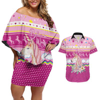 Unicorn Believe In Magic Christmas Couples Matching Off Shoulder Short Dress and Hawaiian Shirt with Believe in Magic Quote Pink Hearts Stars and Rainbow - Wonder Print Shop