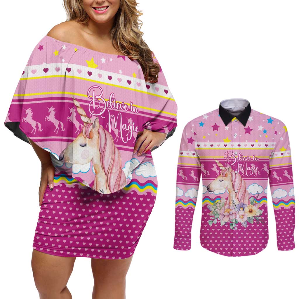 Unicorn Believe In Magic Christmas Couples Matching Off Shoulder Short Dress and Long Sleeve Button Shirt with Believe in Magic Quote Pink Hearts Stars and Rainbow - Wonder Print Shop