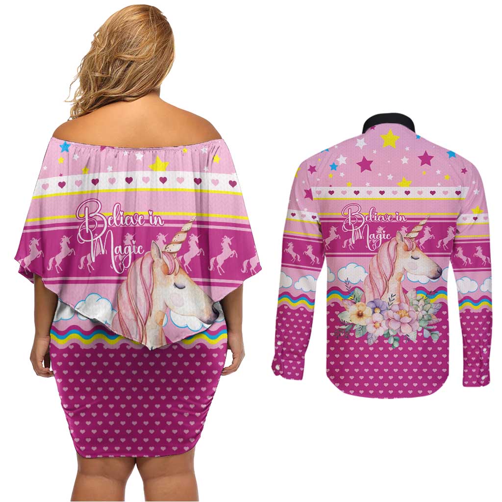 Unicorn Believe In Magic Christmas Couples Matching Off Shoulder Short Dress and Long Sleeve Button Shirt with Believe in Magic Quote Pink Hearts Stars and Rainbow - Wonder Print Shop
