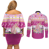 Unicorn Believe In Magic Christmas Couples Matching Off Shoulder Short Dress and Long Sleeve Button Shirt with Believe in Magic Quote Pink Hearts Stars and Rainbow - Wonder Print Shop