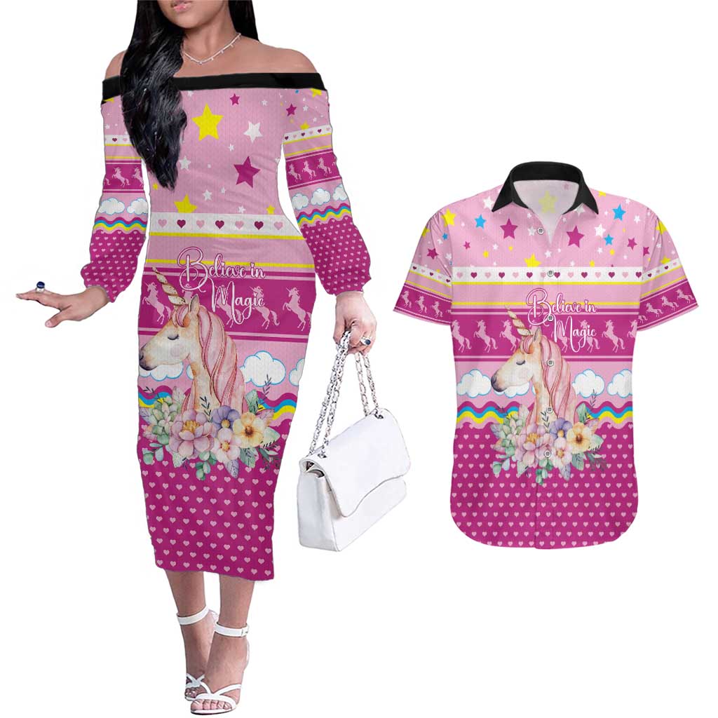 Unicorn Believe In Magic Christmas Couples Matching Off The Shoulder Long Sleeve Dress and Hawaiian Shirt with Believe in Magic Quote Pink Hearts Stars and Rainbow - Wonder Print Shop