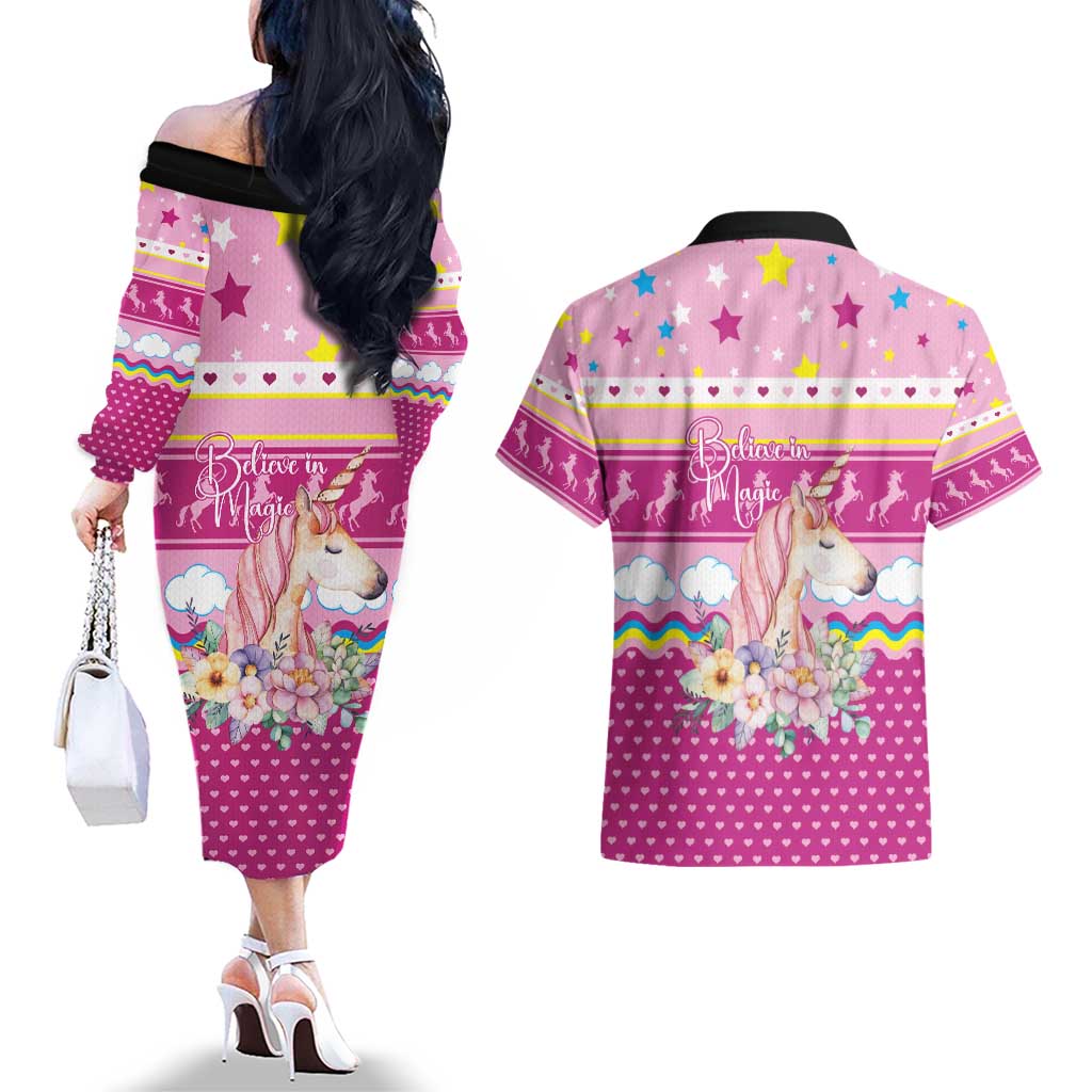 Unicorn Believe In Magic Christmas Couples Matching Off The Shoulder Long Sleeve Dress and Hawaiian Shirt with Believe in Magic Quote Pink Hearts Stars and Rainbow - Wonder Print Shop