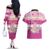 Unicorn Believe In Magic Christmas Couples Matching Off The Shoulder Long Sleeve Dress and Hawaiian Shirt with Believe in Magic Quote Pink Hearts Stars and Rainbow - Wonder Print Shop