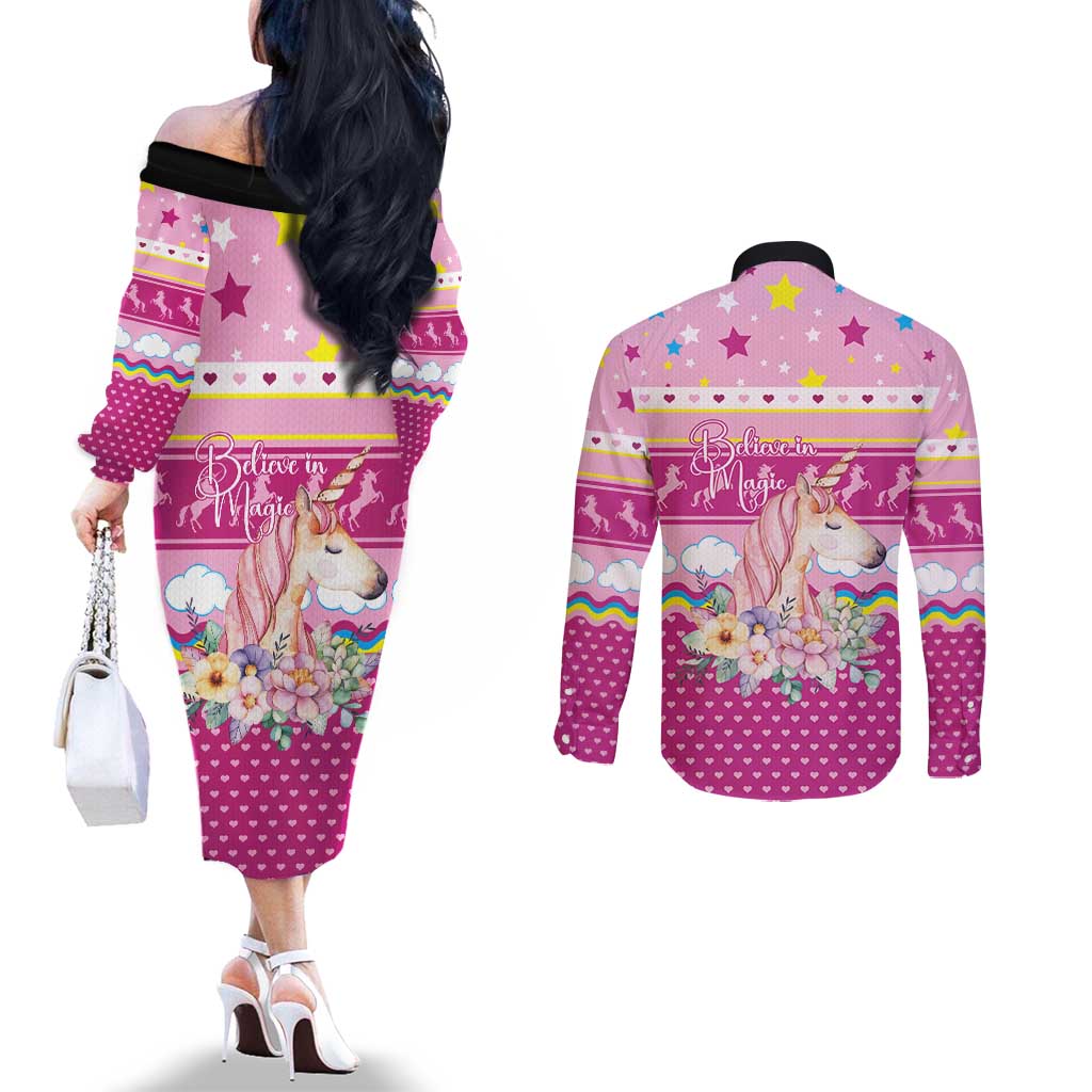 Unicorn Believe In Magic Christmas Couples Matching Off The Shoulder Long Sleeve Dress and Long Sleeve Button Shirt with Believe in Magic Quote Pink Hearts Stars and Rainbow - Wonder Print Shop