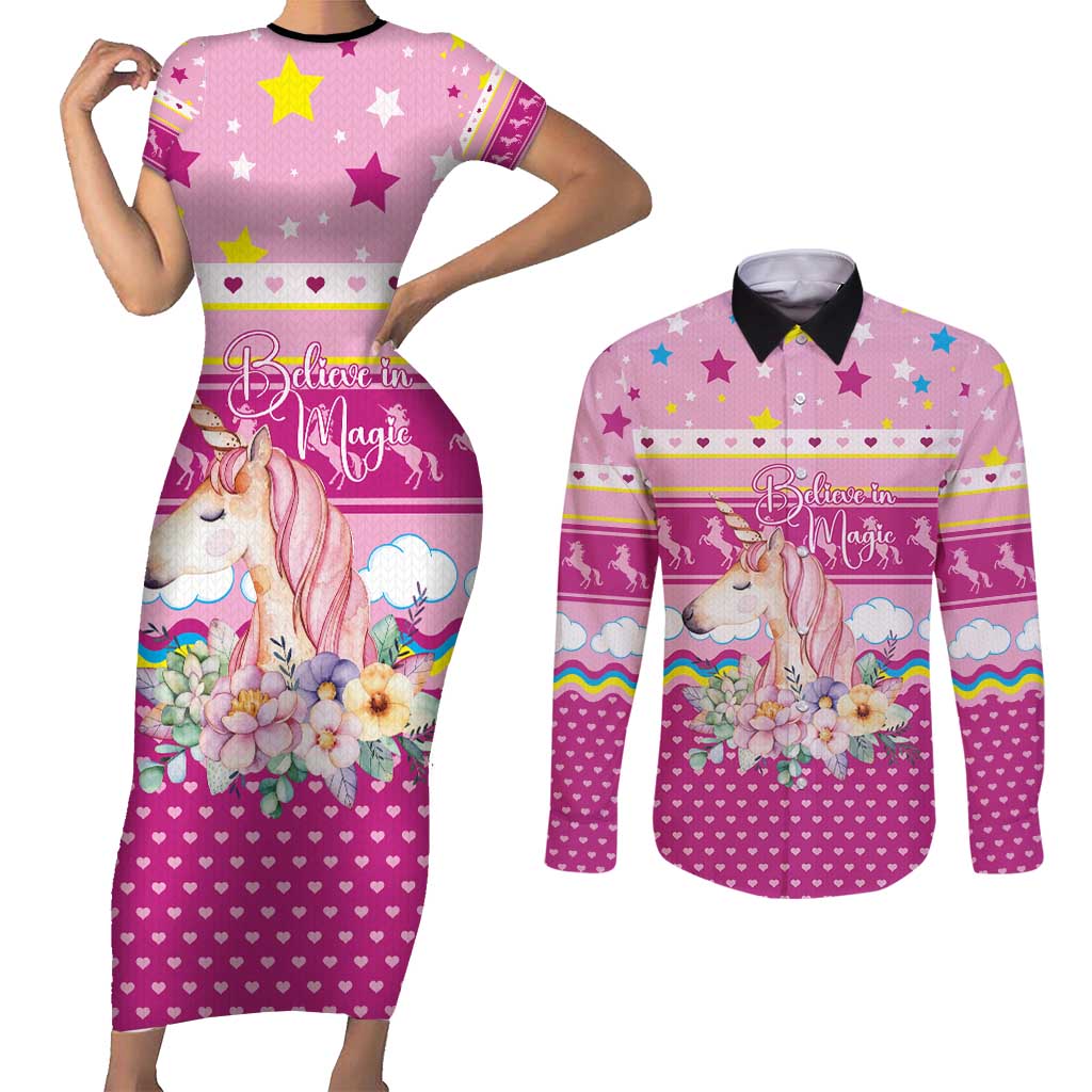 Unicorn Believe In Magic Christmas Couples Matching Short Sleeve Bodycon Dress and Long Sleeve Button Shirt with Believe in Magic Quote Pink Hearts Stars and Rainbow - Wonder Print Shop