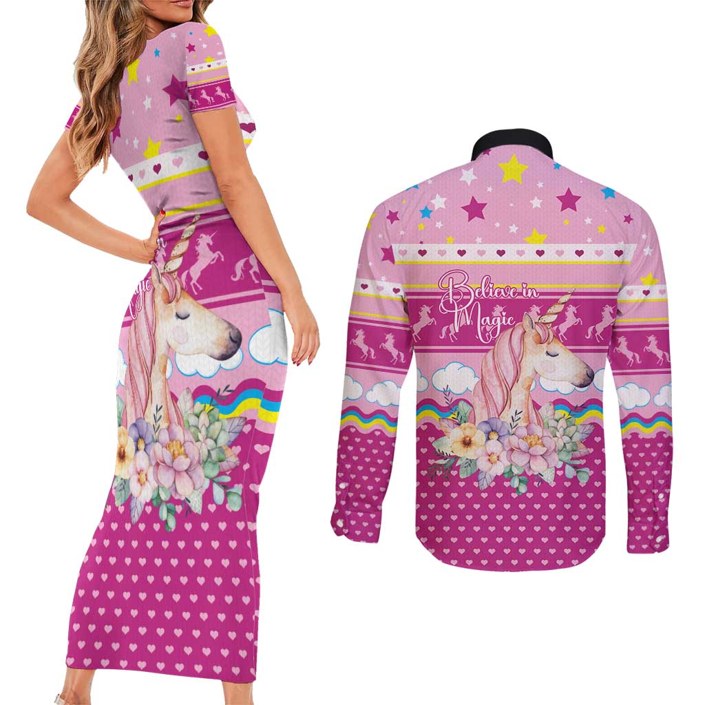 Unicorn Believe In Magic Christmas Couples Matching Short Sleeve Bodycon Dress and Long Sleeve Button Shirt with Believe in Magic Quote Pink Hearts Stars and Rainbow - Wonder Print Shop