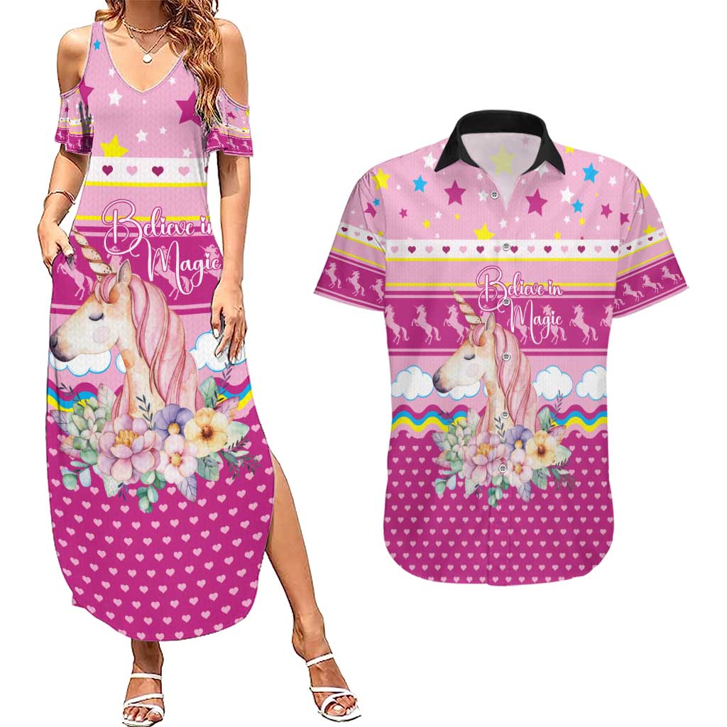 Unicorn Believe In Magic Christmas Couples Matching Summer Maxi Dress and Hawaiian Shirt with Believe in Magic Quote Pink Hearts Stars and Rainbow - Wonder Print Shop