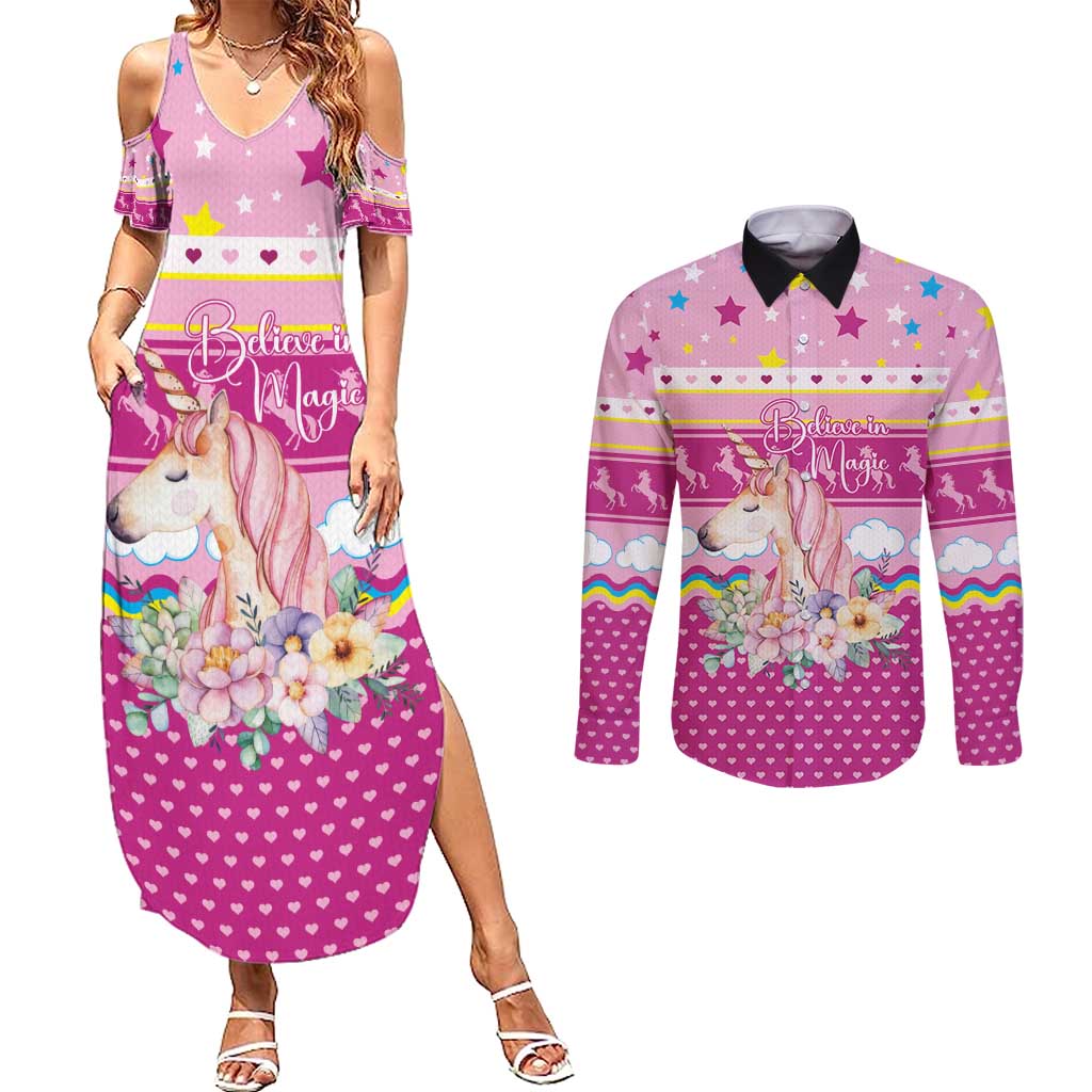 Unicorn Believe In Magic Christmas Couples Matching Summer Maxi Dress and Long Sleeve Button Shirt with Believe in Magic Quote Pink Hearts Stars and Rainbow - Wonder Print Shop