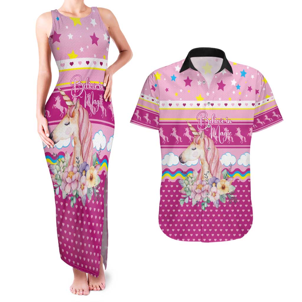 Unicorn Believe In Magic Christmas Couples Matching Tank Maxi Dress and Hawaiian Shirt with Believe in Magic Quote Pink Hearts Stars and Rainbow - Wonder Print Shop