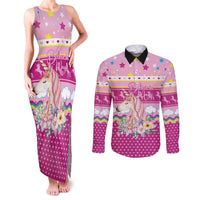 Unicorn Believe In Magic Christmas Couples Matching Tank Maxi Dress and Long Sleeve Button Shirt with Believe in Magic Quote Pink Hearts Stars and Rainbow - Wonder Print Shop